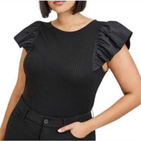 Torrid Top Flutter Sleeve Ruffle Ribbed Blouse Office Black Plus Size 4X - Picture 1 of 8